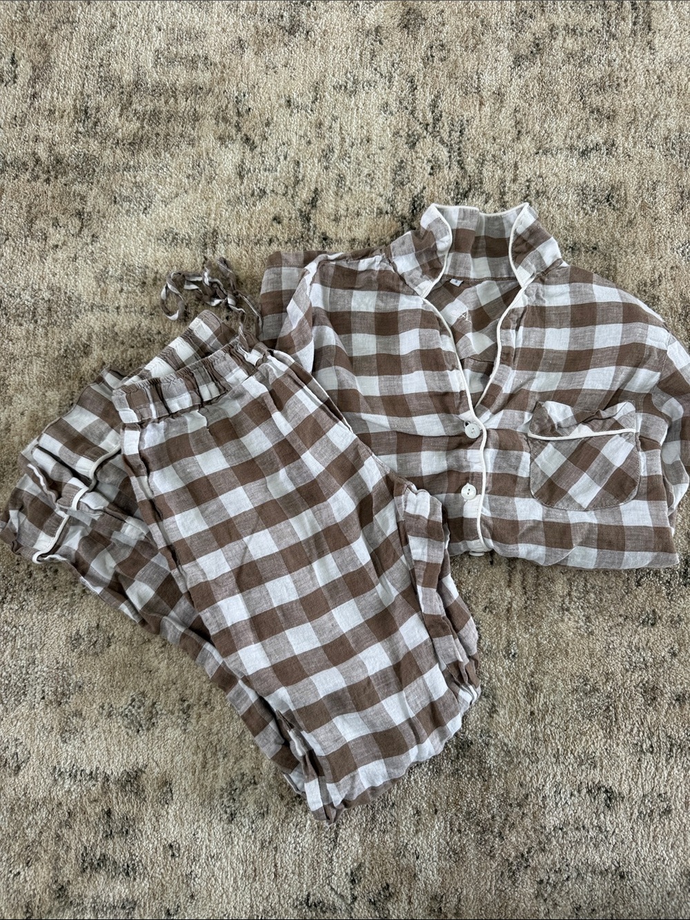 Serena & Lily Cream and Tan Gingham Cotton Pajama Set - Notched Collar - Picture 2 of 3